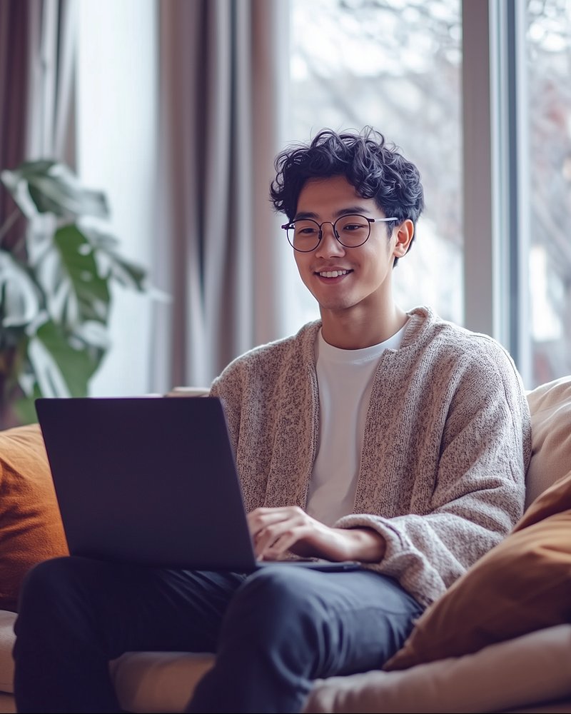 Profissional sorrindo enquanto estuda no notebook, sentado no sofá